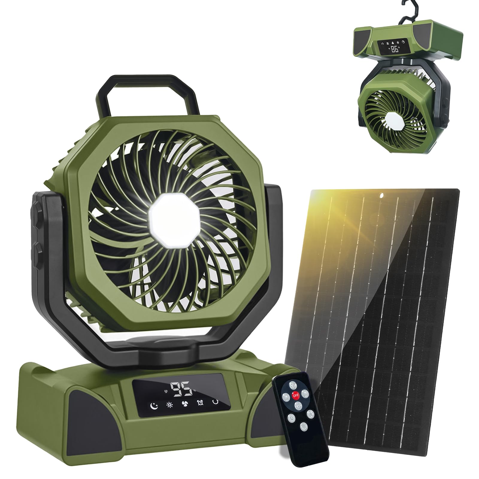 Photo 1 of 20000mAh Solar Camping Fan, Portable Rechargeable Battery & Solar Powered Fan with 7W Solar Panel, Remote Control, Auto Oscillating, LED Display, Light, Timer for Outdoor Camp, Beach, Travel Tent