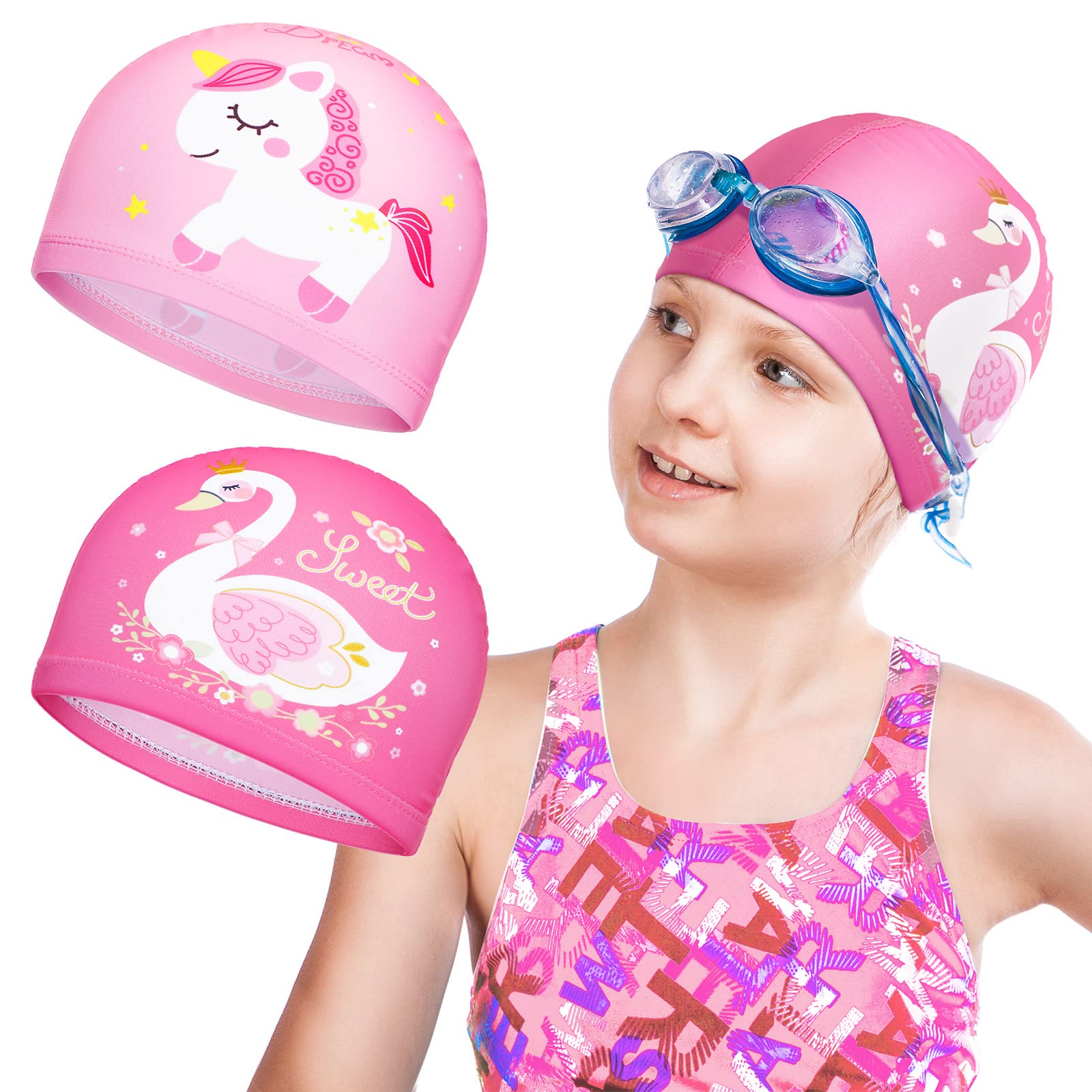 Geyoga 2 Pieces Swim Cap for Kids Waterproof Swimming Hat Swimming Caps Unisex Bathing Caps for Long and Short Hair Swimming Cap for Boys and Girls Children (Rose Red, Pink, Cute Pattern)