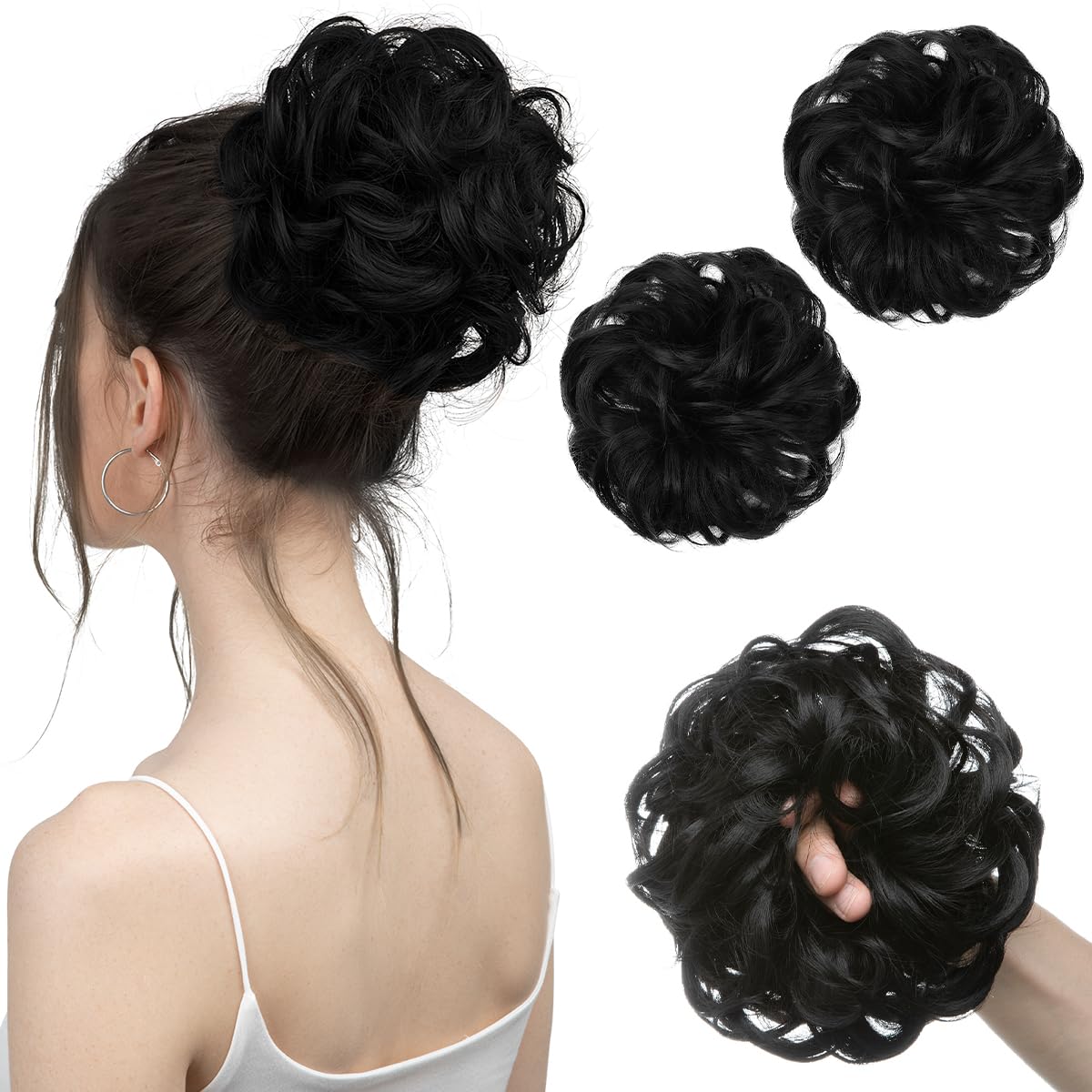 SARLA 2PCS Messy Bun Hair Pieces for Womens Synthetic Scrunchies Buns Extension Hairpieces Updo Pony Tail Jet Black — image 1