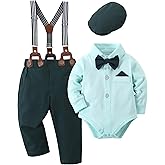 DISAUR Baby Boy Clothes Suits 4PCS Gentleman Outfit Dress Romper Beret Hat Suspender Pants Bow Tie Wedding Set
