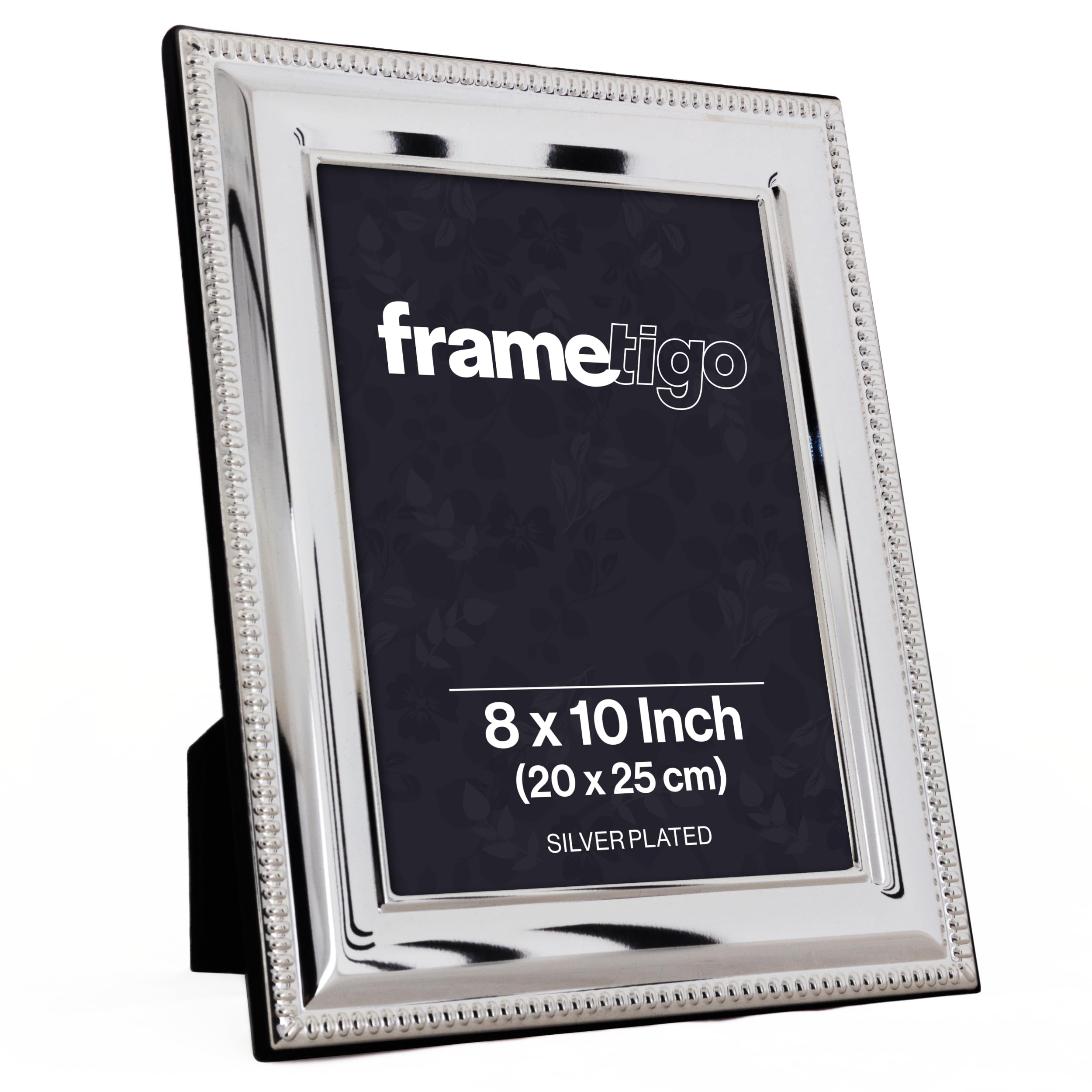 Frametigo - Silver Plated Bead Photo Frame, 8"x10" (20x25cm) Photo Size - Velvet Frame Backing & Stand - Real Glass Window - Tarnish Resistant - Landscape or Portrait Orientation