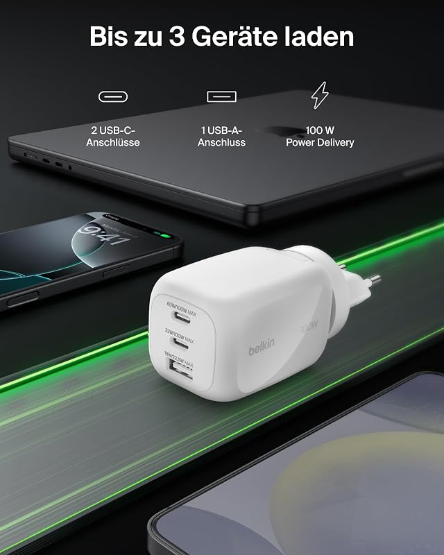 3 Port USB C Ladegerät, 100 W, GaN-Ladegerät, 2 USB-C-Anschlüsse, 1 USB-A-Anschluss, inkl. Reisestecker für EU/UK/USA, Schnellladen von MacBook, iPhone, iPad Pro, Samsung Galaxy, Pixel – Weiß