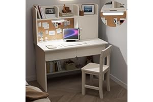 RUPOLX Wooden Lvory White Kids Study Desk and Chair Set with Light, Charging Station and 2 Drawers, Children Desk with 3 Open Hutch and Shelves, Girls Study Desk for Kids Bedroom-004