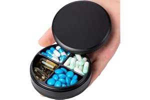 SOBAHIDO Daily Pill Organizer 4 Compartments - Metal Daily Small Pill Case Waterproof, Travel Pill Box for Purse, Compact Medicine Container Pill Dispensers Holder for Vitamin, Fish Oil, Supplement (Black)