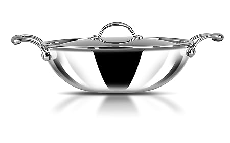 Stahl Triply Stainless Steel Artisan Kadhai with Lid, 4328, 28cm, 4.4-Liters, 1-Piece, Silver