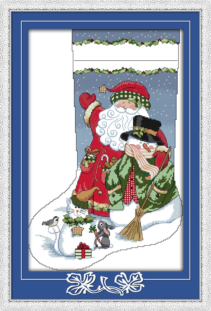 CaptainCrafts Cross Stitch Kits, Santa Claus Christmas Stockings Stamped Preprinted Fabric Cross Stitching DIY Art Needlecrafts Embroidery Kits for Adults (Santa Claus with Snowman, Stamped 11CT)