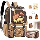 SJIE Waterproof Capybara Backpack，Large-capacity Kawaii capybara bag with 11-Piece Accessories (Badges, Pendants, Plush capybara, Stickers and others)