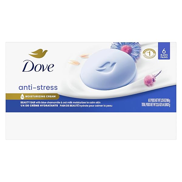 DOVE BEAUTY BAR GENTLE CLEANSER ANTI-STRESS CREAM BAR MOISTURIZES TO CALM SKIN GENTLE BAR SOAP CLEANSER MADE WITH 1/4 MOISTURIZING CREAM 6 PACK