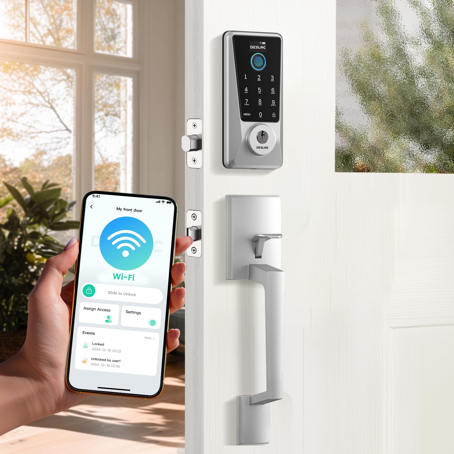 Photo 1 of DESLOC D110 Plus Built-in Wi-Fi Smart Lock with Handle Set, Fingerprint Keyless Entry Door Lock, App Remote Control, Smart Locks for Front Door, Keypad deadbolt with Visible Display, Auto-Lock, Silver