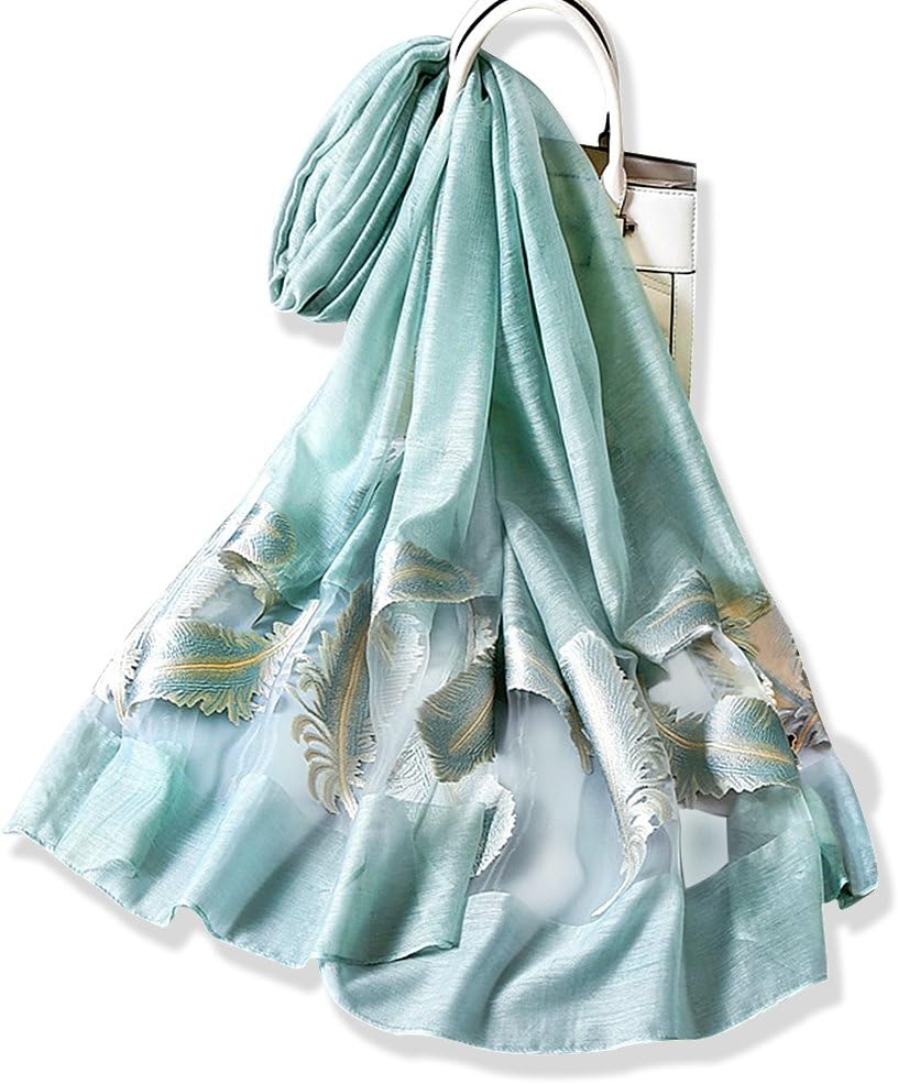 Ladies Women's Fashion Organza Soft Scarf Shawl Neck Wrap Headscarf Stole, Feather Embroidery Pattern Chiffon Silk Scarf Shawl