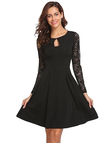 Beyove Damen Elegant Kleid Spitzenkleid Partykleid Cocktailkleid Abendkleider Ballkleider Festliches Kleid Langarm A Linie Kn