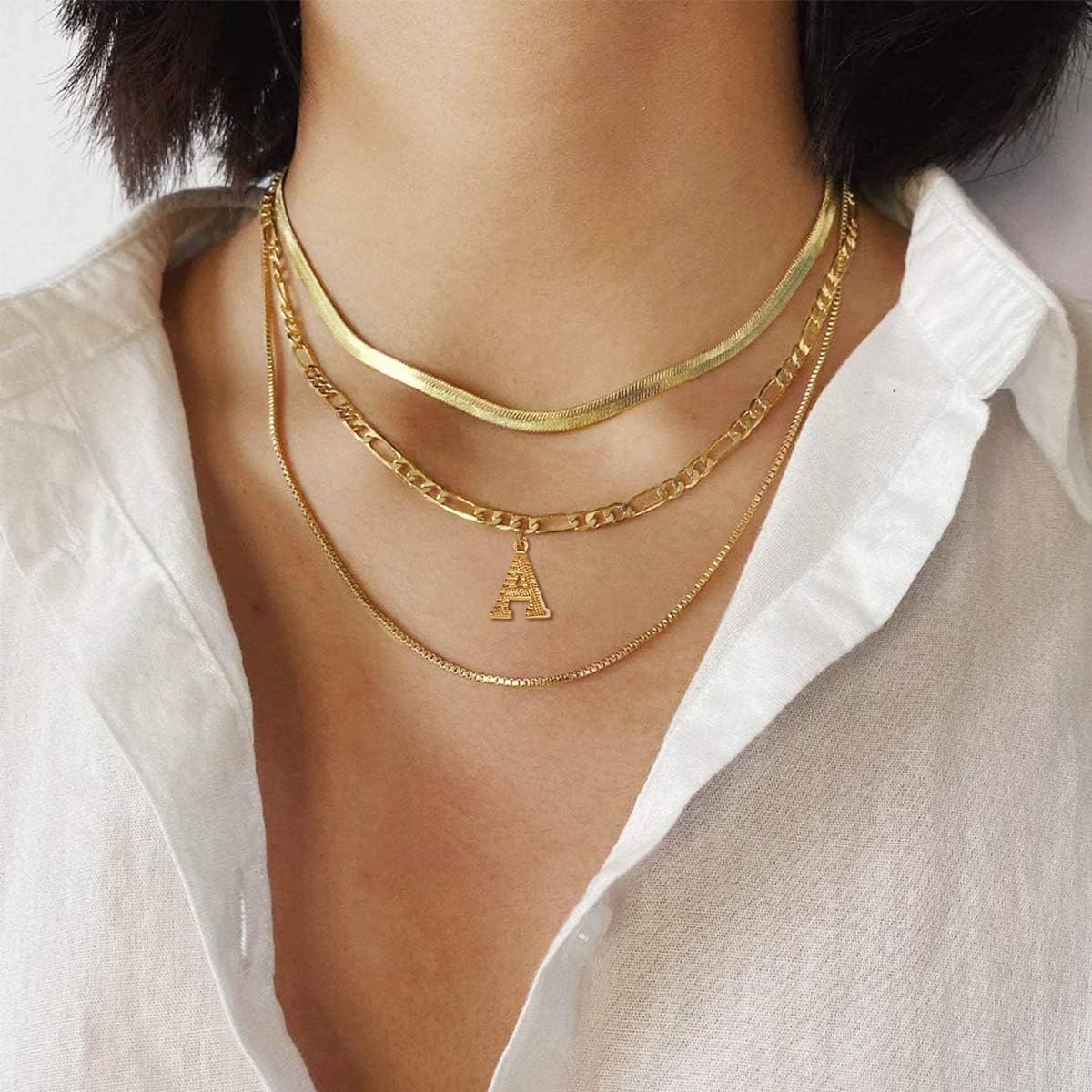 FOCALOOK 18K Gold Plated Small Initial Letter Necklaces 18 Inch Figaro Chain for Teen Boys Girls(T): Jewelry