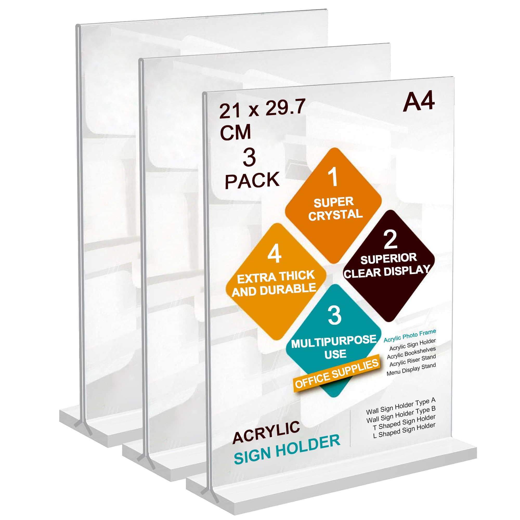 ROSSHINE A4 Menu Holders, 3pack Double Side Display Acrylic Sign Holder, A4 Clear Poster Holder Perspex Display Stand for Office School Home Restaurant