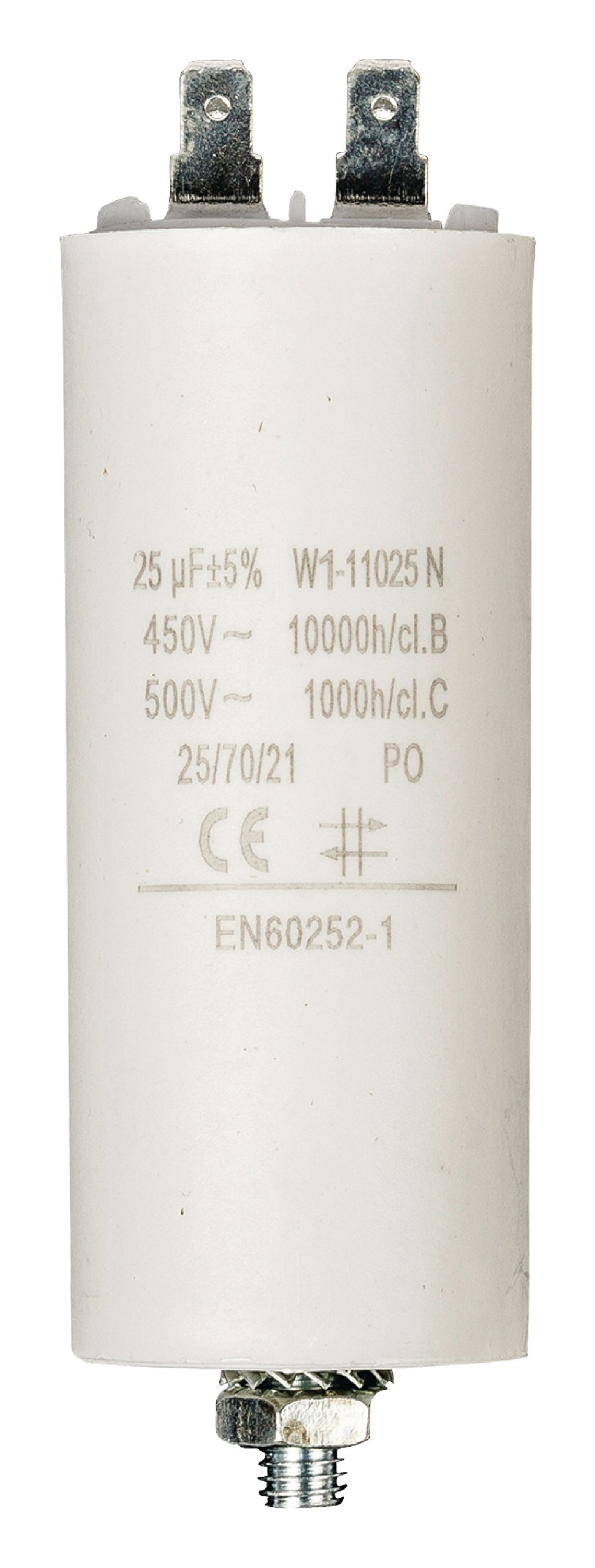 Invero Cylinder Shaped Run Motor Pump Capacitor 25.0uf - 450V Earthed - Dimensions: 40 x 95 mm - White