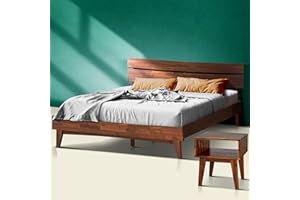 A ACACIA FURNITURE Acacia Aurora King Solid Wood Bed Frame with Headboard – Gift Matching Nightstand Included, Mid-Century Modern Farmhouse, Walnut Finish, 800 lbs Capacity, Sturdy, No Box Spring, Easy Assembly