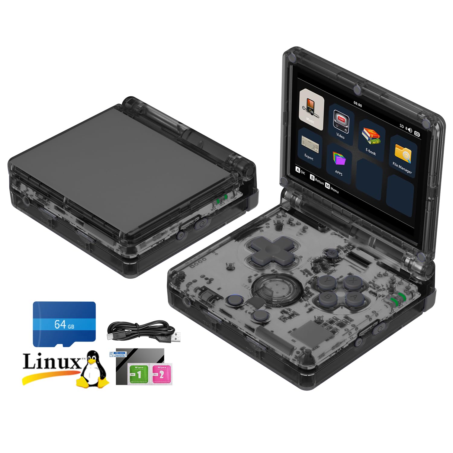 Photo 1 of Daxceirf RG35XXSP Flip Handheld Game Console 3.5 inch IPS Screen Linux System 3300mAh Video Portable Gaming Consoles with 64G TF Card Built in 5000 Games Support WiFi Bluetooth (Black Transparent)
