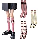 3 Pairs Retro Style Striped Knee High Socks for Women Academic Cotton Stockings for Casual Wear and Sports