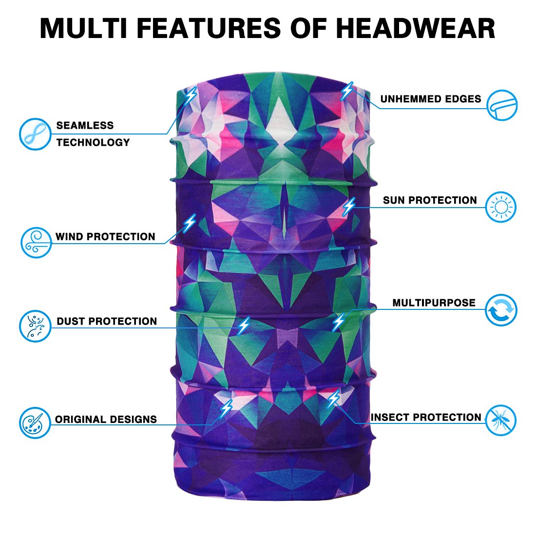 TUONROAD Cool Geometry Magic Headband Scarf Tube Snood Bandana Purple Green Navy Blue Sun Protection Multifunctional Tubular Headwear Neck Gator for Snowboarding Skiing Snowmobile Riding Yard working