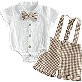 Nibbcoa Baby Boy Clothes Set Infant Bow Tie Button Down Shirt Bodysuit Top Striped/Plaid Shorts 2Pcs Summer Outfit