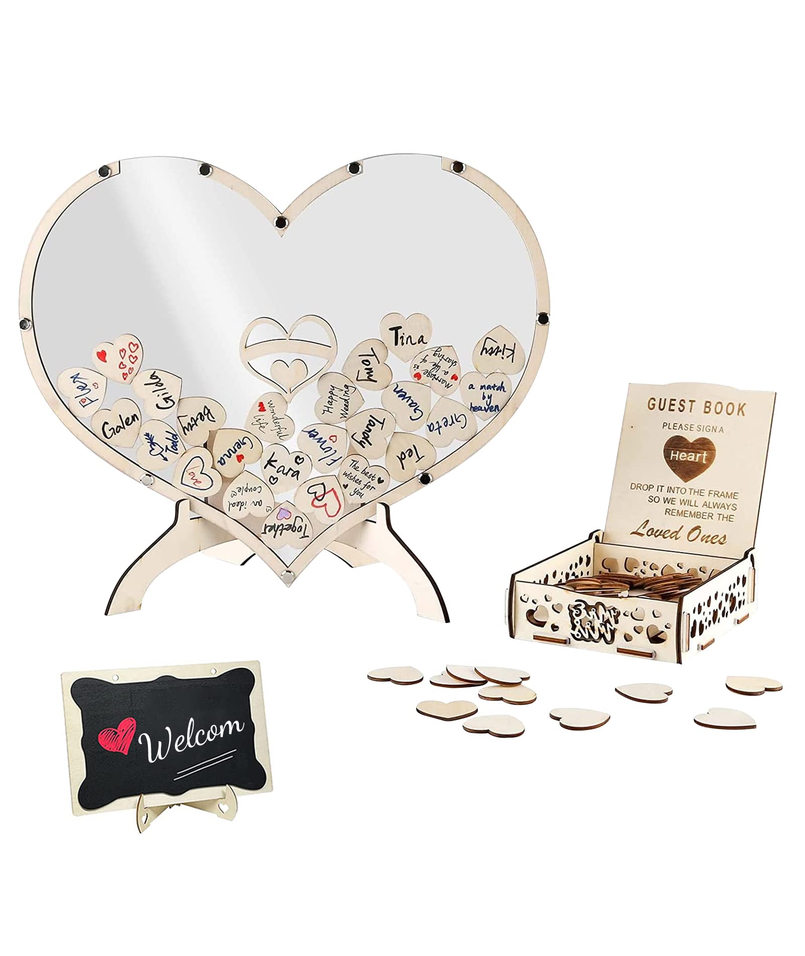 Wedding Guest Book Alternative, Drop Top Wedding Guestbook Wooden Heart Frame Guestbook with 100 Wooden Hearts, Personalised Wedding Guestbook Alternative with Stand(02)
