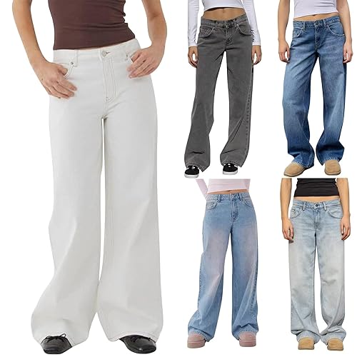 Womens Jeans, Jeans for Women UK Wide Leg Loose fit Denim Flared Pants with Slant Pockets Casual Trendy Baggy Bell Bottom Trousers L