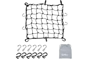 GSPSCN 16"x16" Cargo net Motorcycle, Latex Heavy Duty Bungee Cord Net Stretches to 47"x47", Thicken Luggage Netting with 2"x2" Mesh&12 Hooks for Motorcycle, Bike, ATV, Roof, Trailer