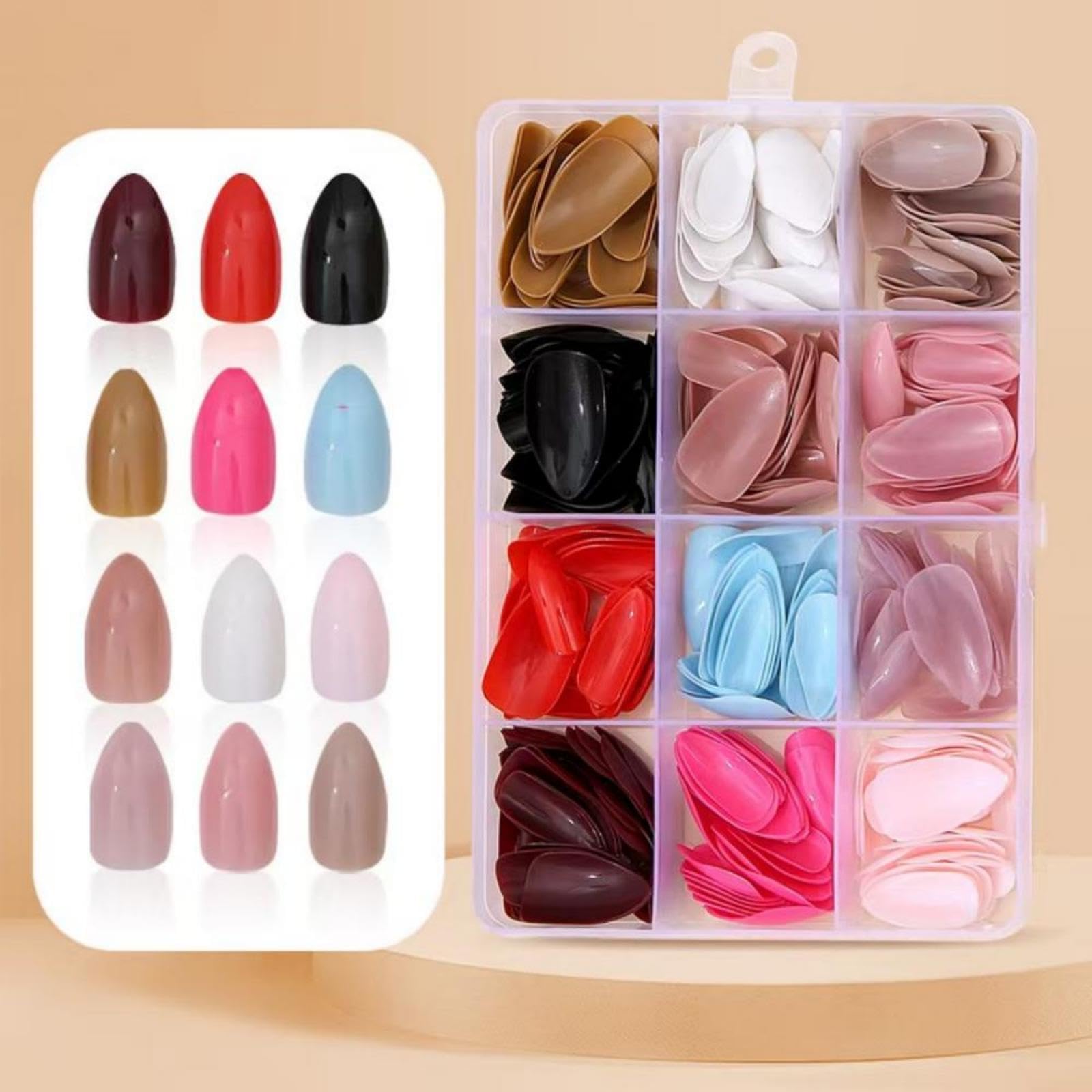 Photo 1 of 12 Colors Press on Nails Solid Color Fake Nails Medium Almond False Nails Pure Color Glue on Nails Reusable Artificial Acrylic Nail Full Cover Glossy Stick on Nails for Women Girls Manicure 288Pcs