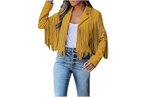 GENERIC Women's Faux Suede Leather Fringe Jacket Cowgirl Crop Moto Biker Jackets Open Front Tassel Coat Tops 2024 Trendy