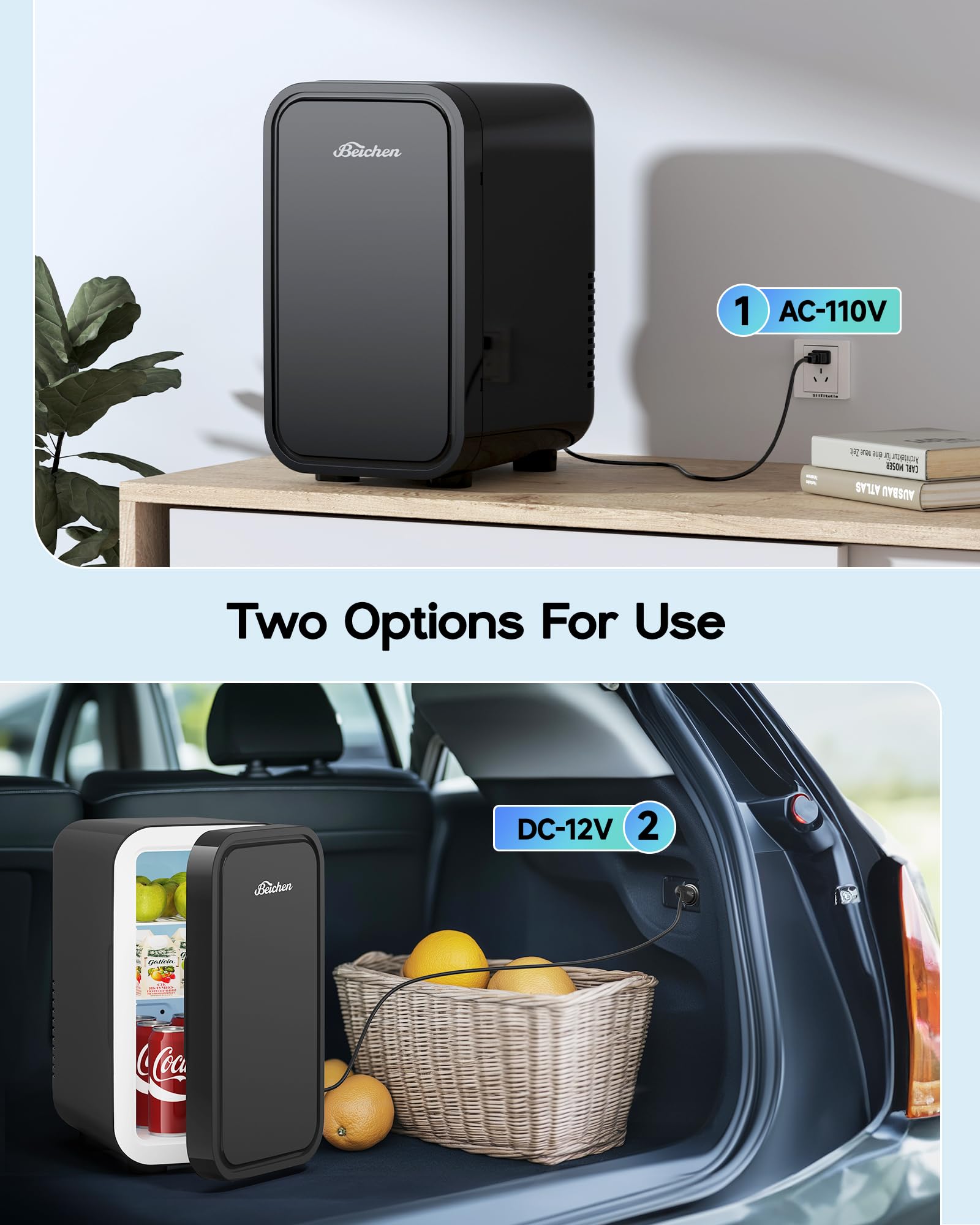 BEICHEN Mini Fridge,6 Liter / 8 Can Small Fridge for Bedroom, Car, Office & Dorm, AC100-120 V/DC 12 V Portable Thermoelectric Cooler & Warmer for Skincare, Food, Drinks,Black ?