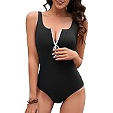 Charmo One Piece Swimsuit Women Zipper Sports Full Coverage Bathing Suits Ribbed Slimming High Cut Adjustable Straps Swimwear