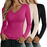 Huukeay 3 Pack Women's Deep V Neck T-Shirts, Long Sleeve Tee Cotton Slim Fitted Tops Casual Fall Basic Tight Tee Shirts(Black, Cream, Rose Red,Medium)