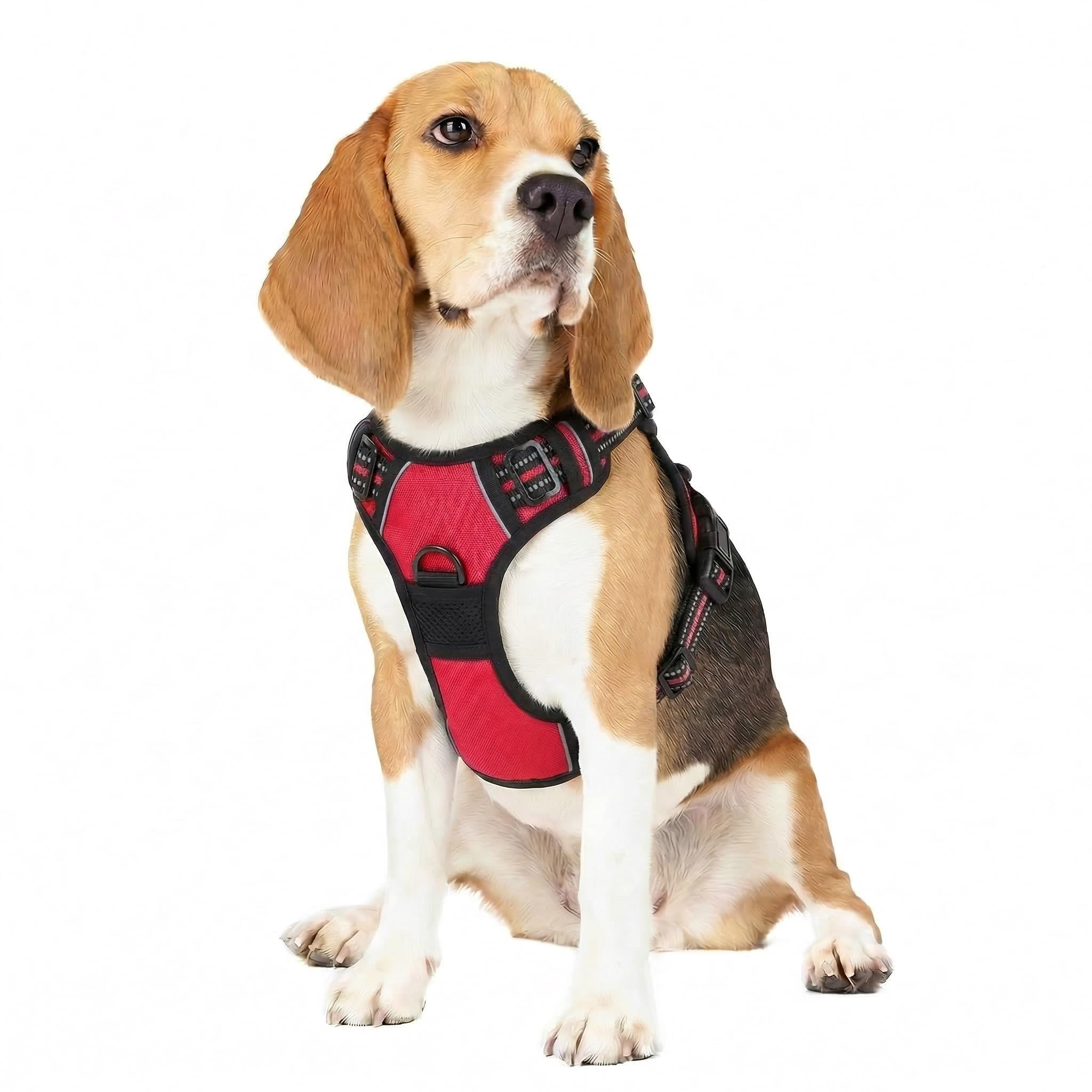 Funfox Dog Harness Medium, 2 Clips No Pull Vest Harness Handle Control, Adjustable Pet Harness with Reflective Strips Outdoor Traction Specialized Chest Harness Safe Walking Dog, Red, M