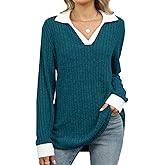 BAISHENGGT Women's Contrast Collared Shirts Casual Long Sleeve Ribbed Fall Tops Lightweight Tunic Sweaters