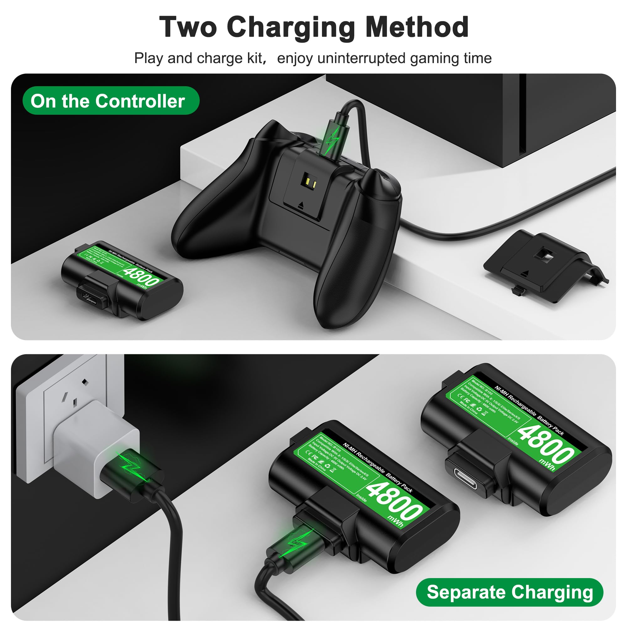 DINOSTRIKE Rechargeable Xbox Controller Battery Pack with 4 Back Covers and a USB C Charging Cable, 2x4800mWh Xbox One Controller Battery Play and Charger kit for Xbox Series X