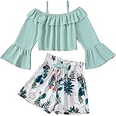 YOURUIKEY Girls Summer Clothes 2 Piece Cute Outfits Kids Boho Floral Print Long Sleeve Crop Top Shorts Clothing Set