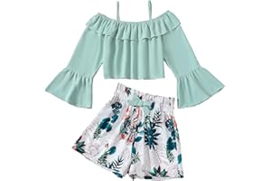 YOURUIKEY Girls Summer Clothes 2 Piece Cute Outfits Kids Boho Floral Print Long Sleeve Crop Top Shorts Clothing Set