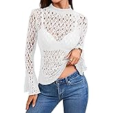 Tankaneo Womens Lace Mesh Tops Bell Long Sleeve Mock Neck Sheer Blouses Sexy See Through Slim Fit Shirts