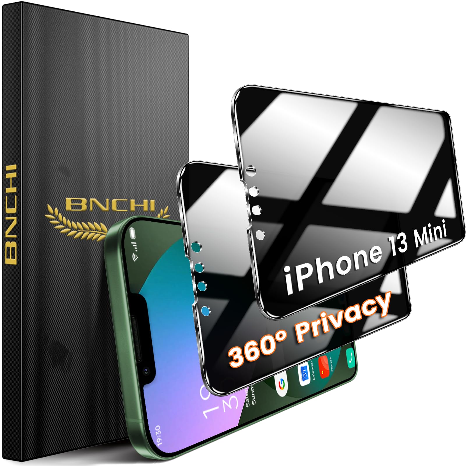 BNCHI 2 Pack 4 Way 360° Privacy Screen Protector for iPhone 13 Mini, Horizontal and Vertical All Around Anti-Spy 9H Tempered Glass Film, Scratch Resistant, Zero Bubbles, Face ID Sensitive