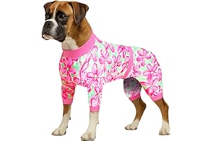 LovinPet Pitbull Pet Outfit, Post Surgery Recovery Pajamas for Dogs, Reflective Stripe, Full Coverage Dog Onesie, Breathable & Stretchy Fabric, Pink Daisy Print, Pajamas for Big Dogs, Pink/Green,2XL