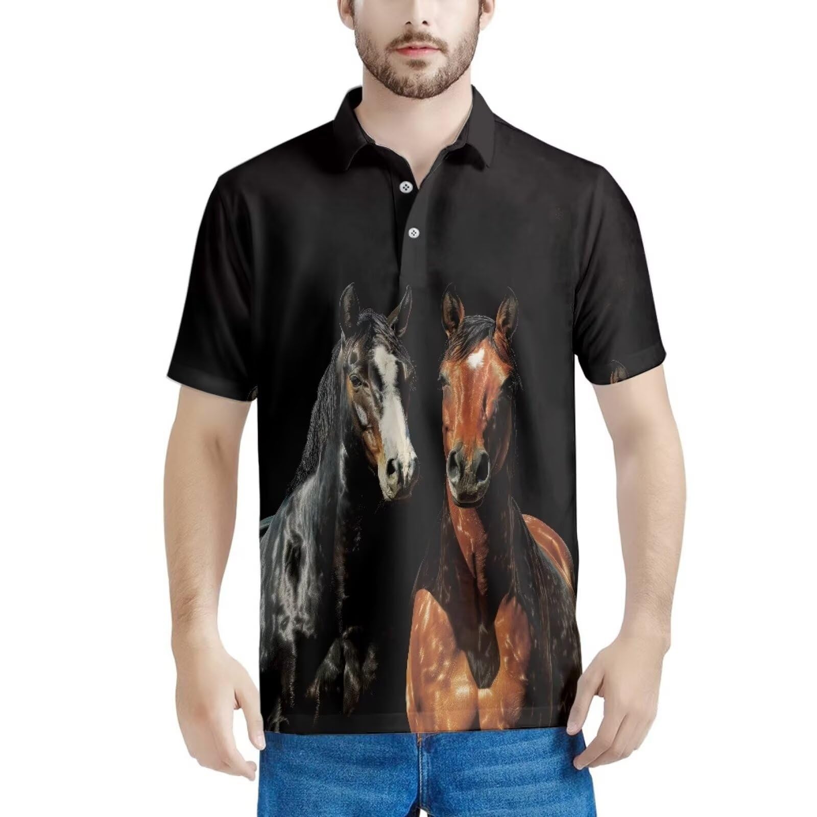 HUGS IDEA Black Horse Men's Sport Shirts Golf