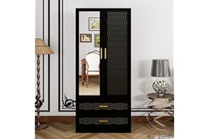 Keloyid Modern Wooden Closet Armoire Wardrobe with 2 Doors, Hanging Rod, 2 Drawers, Mirror, Shelving Large Capacity Clothes Storage Wardrobe for Bedroom Black
