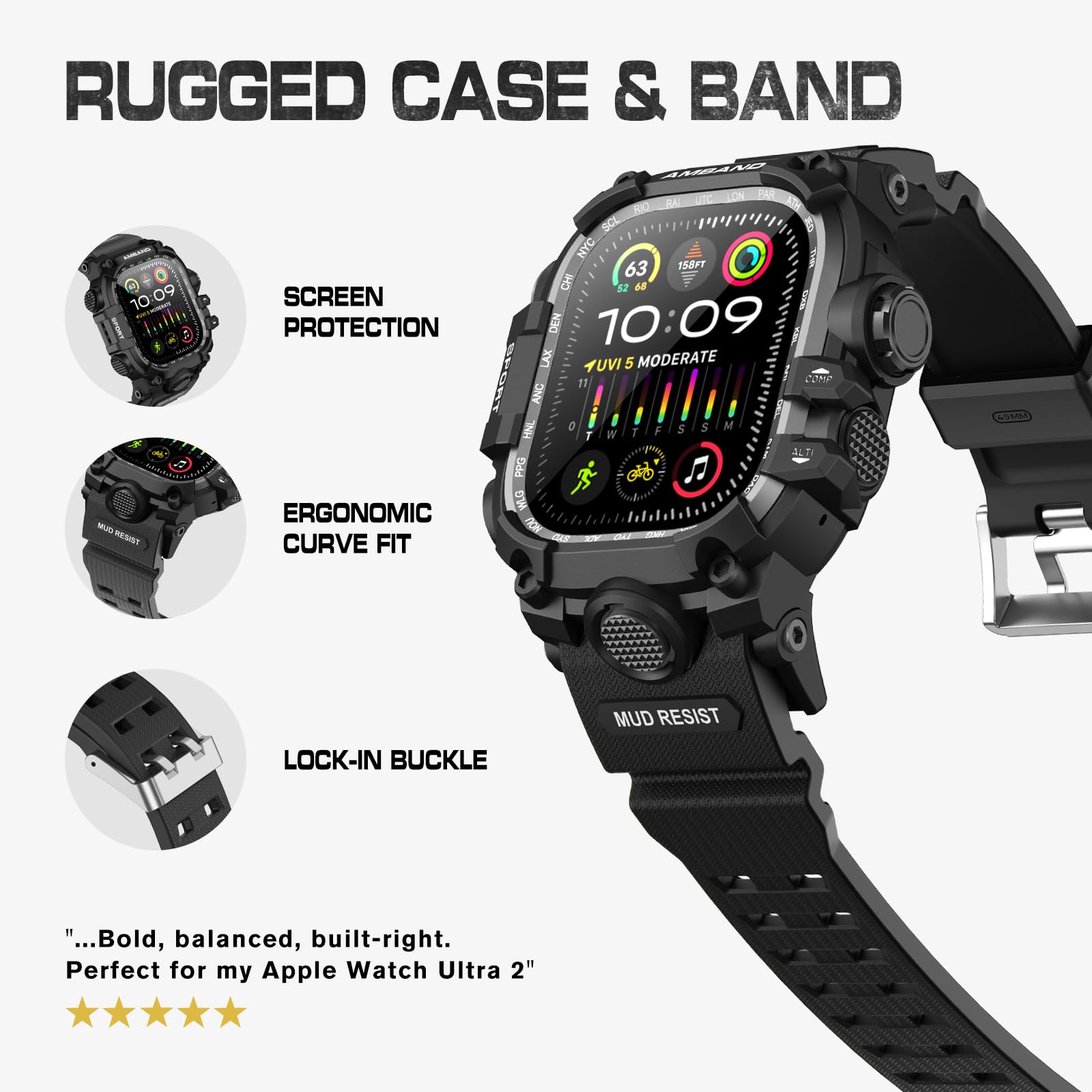 amBand Rugged Case with Band for Apple Watch Ultra 3/2/1 49mm, M3 Military Grade Shockproof Cover, Includes Screen Protector Kit, Tactical Band for Men - Compatible with iWatch Ultra, Matte Black