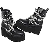 QPAO Women's Fashion Goth Boots,Black Chunky Platform Combat Ankle Booties Zipper Punk Boots Mid Calf Boots for Women
