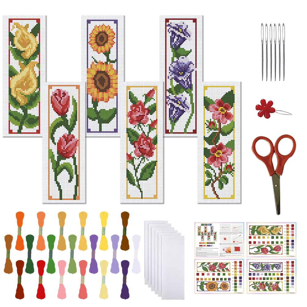 FREEBLOSS 6 Set Cross Stitch Kits with Instructions - 6 Flowers Pattern Punch Needle Kit for Beginners - Bookmark Making Kit for Gift