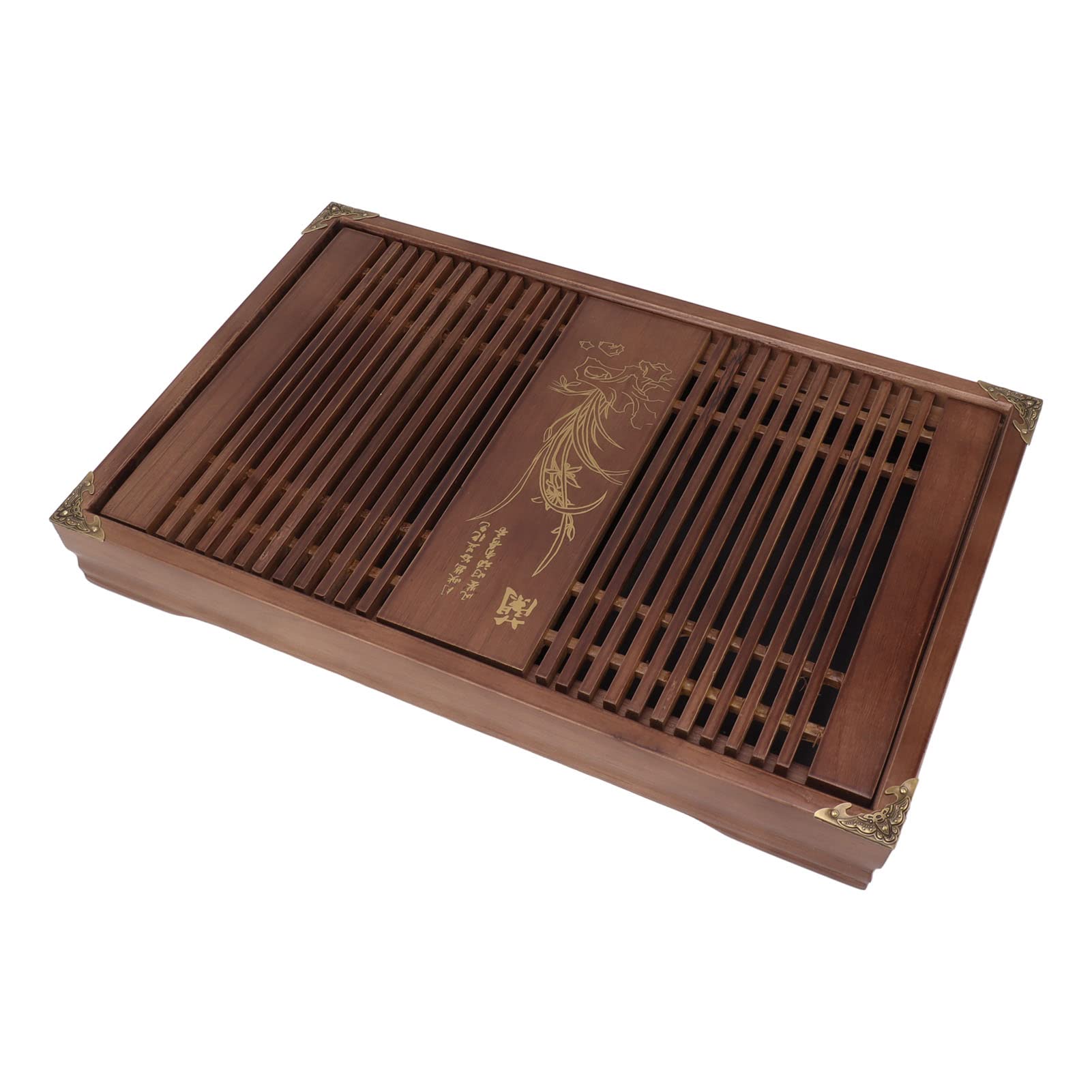Tea Tray, Drainage Water Storage, Copper Corners, Orchid Pattern, Wood Material, Good Gift, Chinese Gongfu Tea Serving Tray with Drainage Water Storage for Kungfu Tea Set