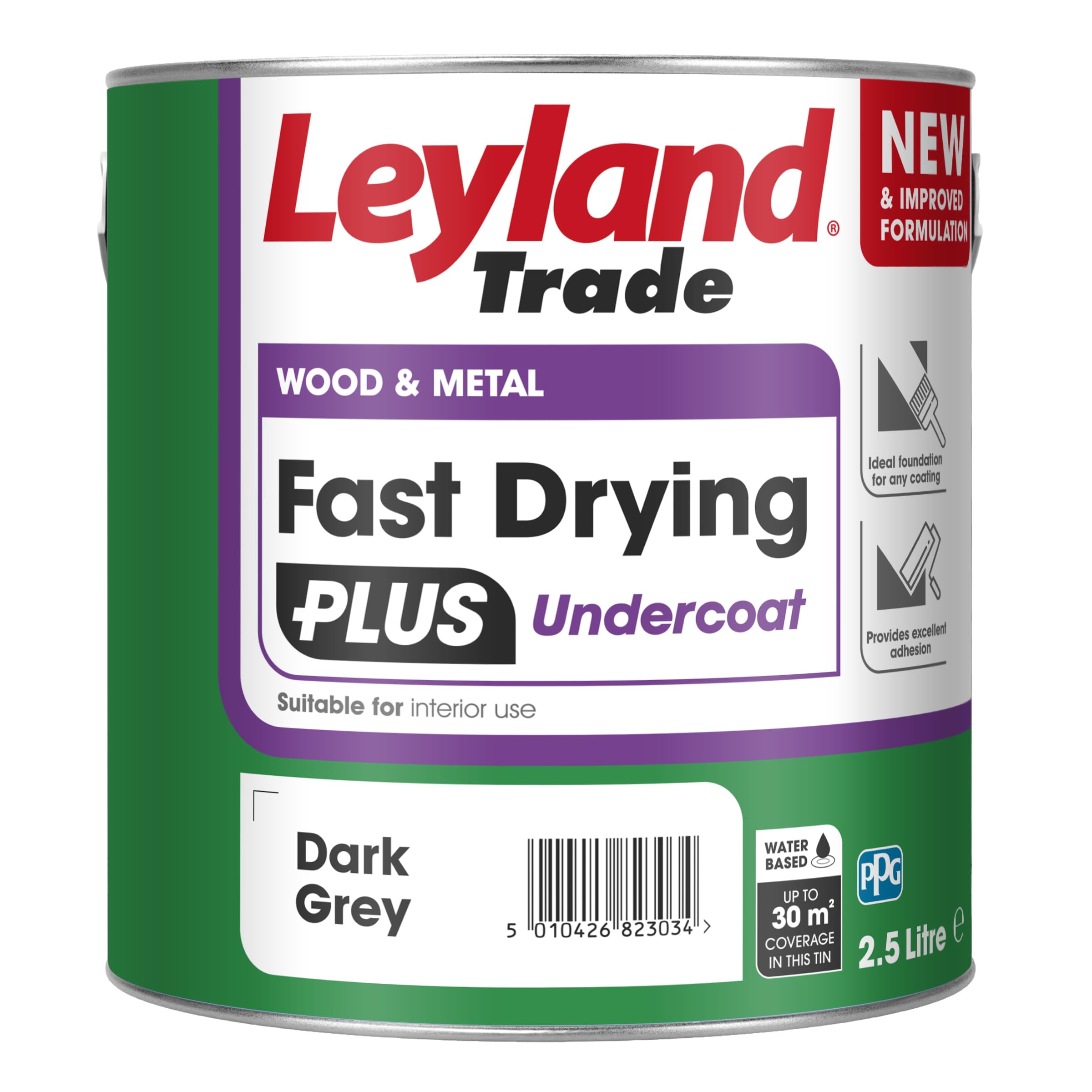Leyland Trade – Wood & Metal - Fast Drying Plus - Undercoat - Dark Grey - Ideal Foundation Coating – Excellent Adhesion - 2.5L