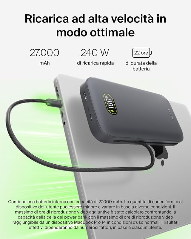 UltraCharge Pro Power Bank 27000mAh, Caricatore Portatile con Cavo USB C Integrato, USB PD 240W, Power Bank Portatile con Carica Rapida per MacBook Pro, iPhone, iPad Pro, Galaxy, Pixel, Carbone