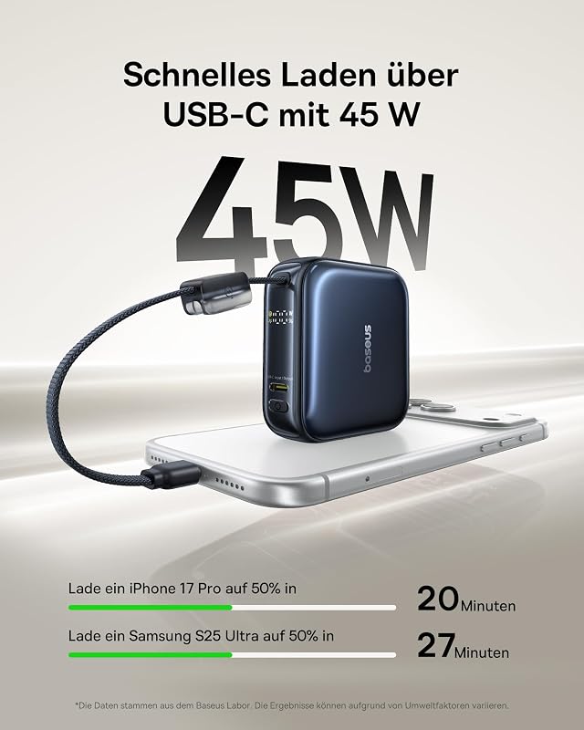 AC22 Mini Powerbank 10000mAh, 45W PD Schnellladung, Externer Handyakku mit integriertem USB-C Kabel & LED-Digitalanzeige, Ultra Mini im Taschenformat für iPhone Duo/18/17/16/15, Samsung S26/S25