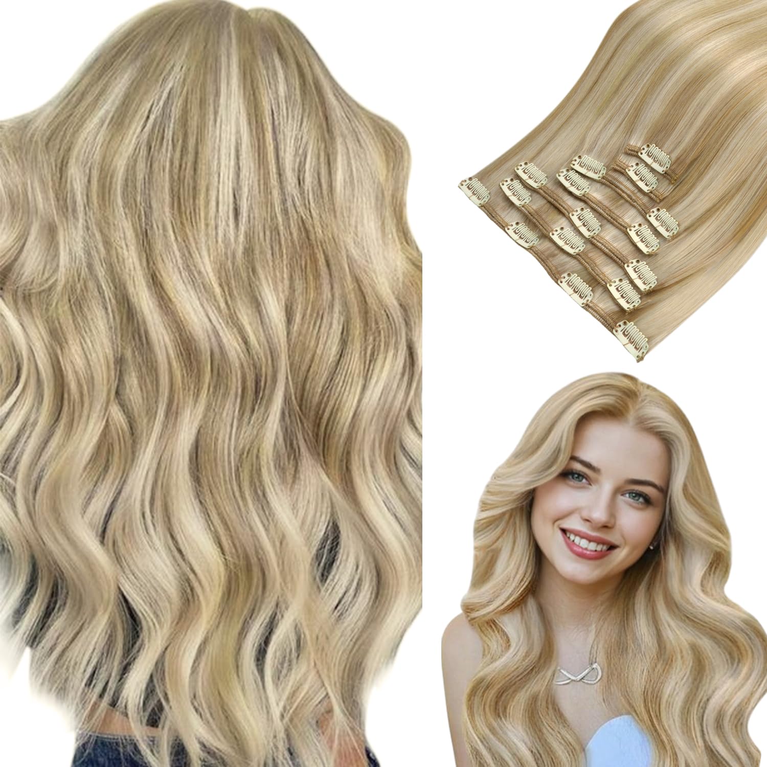 hotbanana Clip in Hair Extensions, Dirty Blonde Mixed Bleach Blonde Clips in Hair Extension Real Human Hair Double Weft Clip In human Hair Straight Remy Hair Extensions 18 inch 120g 7pcs — image 1