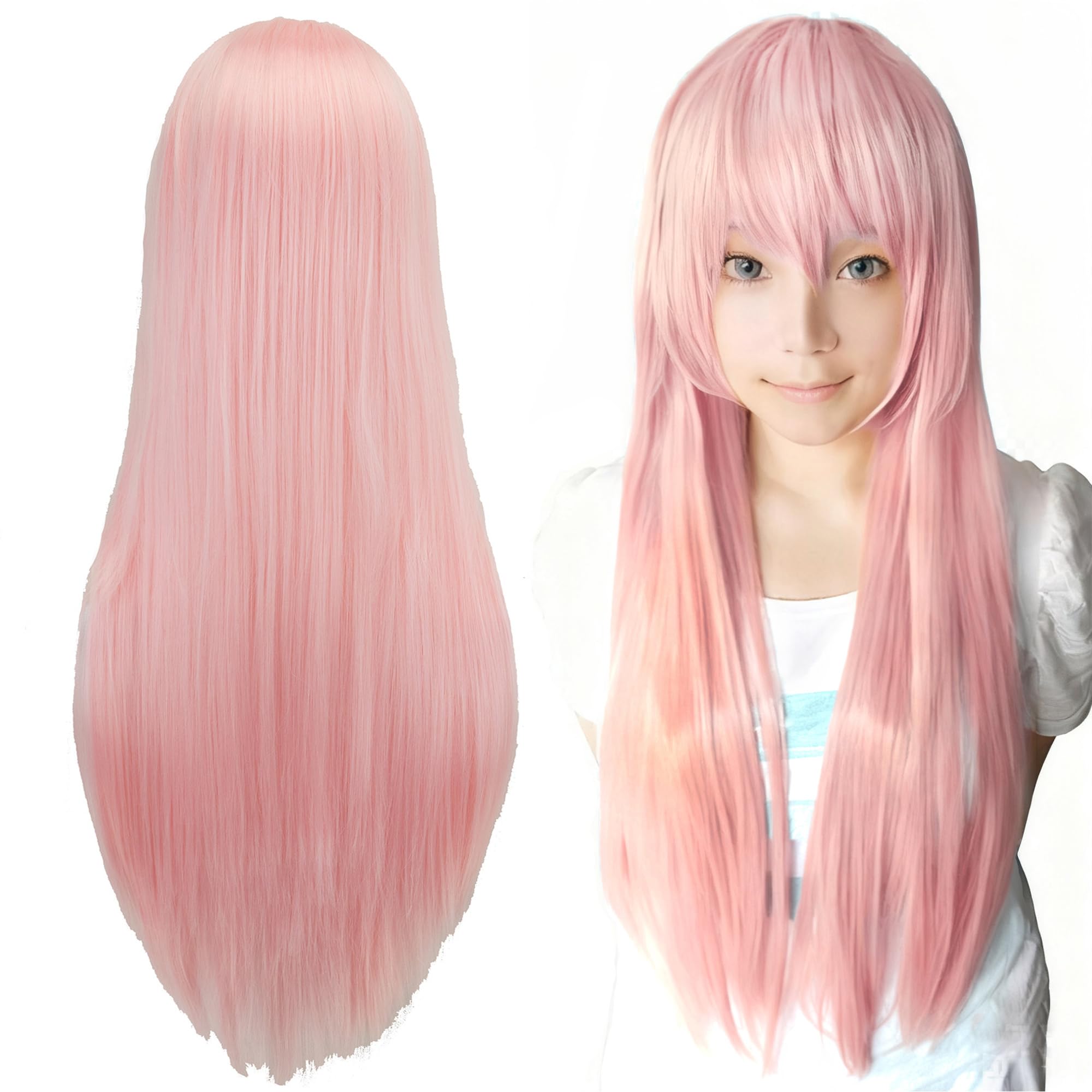IMISSU 80cm Long Straight Natural Hair Cosplay Wigs with Bangs Colorful Halloween Costume Party Wig for Girl (Bright Pink)
